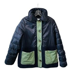 Boden Puffer Borg Jacket Womens Sz 6 Green Accent Patchwork Quilted Coat Buttons